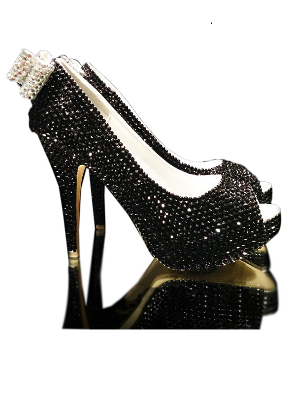 Crystal Couture Ladies Black High Heel Crystal Peep Toes with Crystal Bow Detail