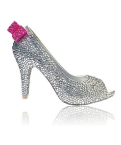 Crystal Couture Crystal Wedding Shoes Silver Crystal Peep Toe Pink Bow Detail