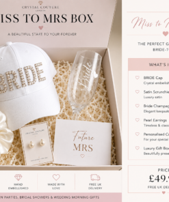 Celebrate the Miss to Mrs Bride Gift Box, beautifully curated with premium bridal accessories. Perfect as an engagement gift, bridal shower present, hen party surprise or wedding morning keepsake